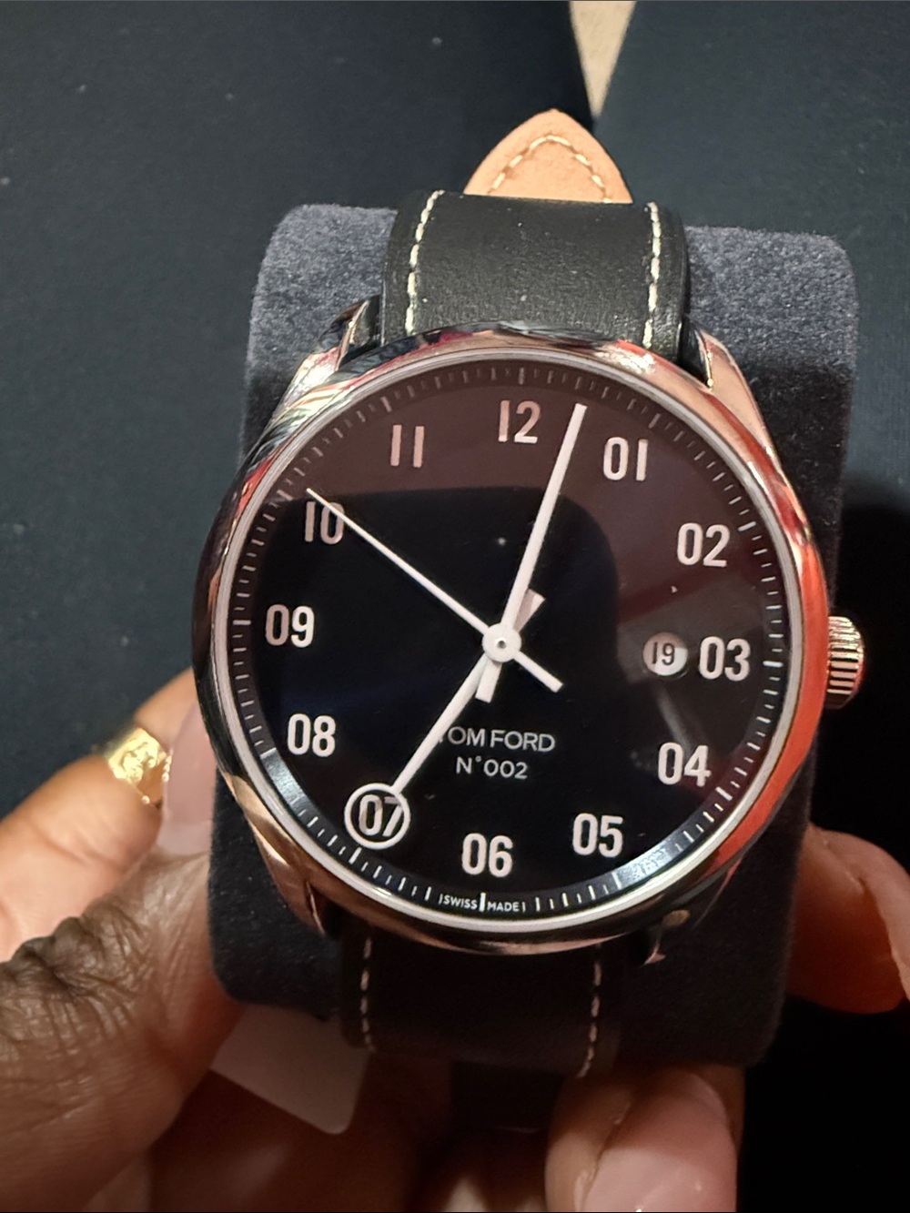 Tom Ford Black Dial Silver Case Leather Strap Watch